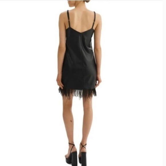 NWT [Lamarque] Mollie Feather Trim Faux Leather V-Neck Slip Dress Women’s Sz L - Picture 3 of 8